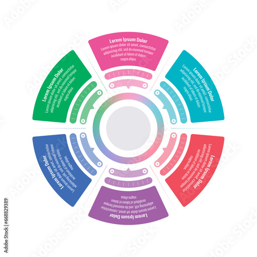 annual report, internet, education, business, magazine information template. six steps infographic template. circular and technological informational template