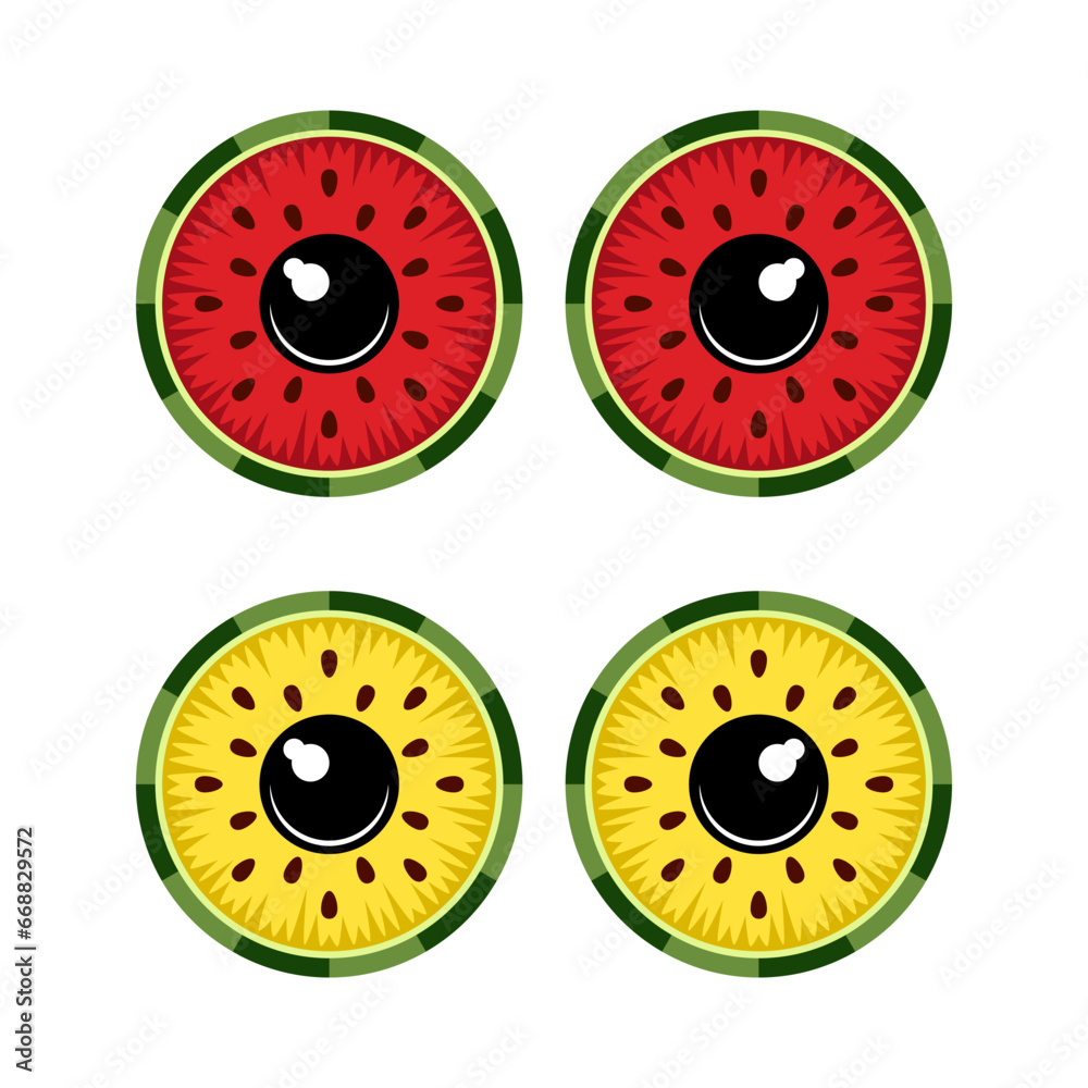 Fototapeta premium Color illustration of eye made from slices of juicy watermelon. Isolated vector objects on white background.