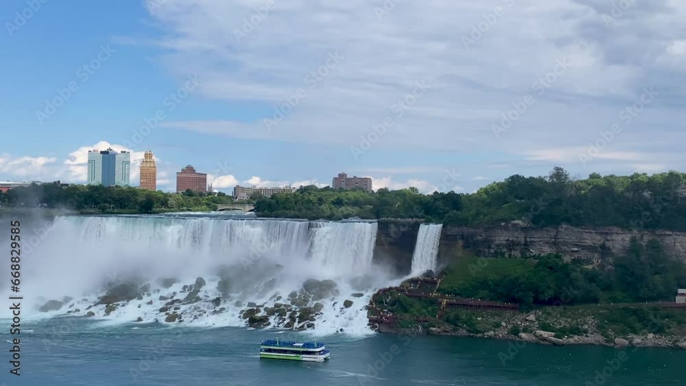 Maid of the mist passing The American and Bridal Veil Falls heading to Horseshoe Falls with the Hornblower tour boat heading back. Maid of the mist passing The American and Bridal Veil Falls heading to Horseshoe Falls with the Hornblower tour boat heading back.
