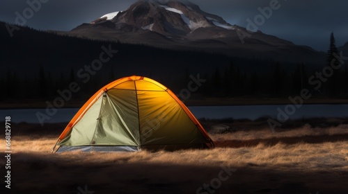Awesome mountain landscape with vivid orange tent near large glacier tongue under clouds in night starry sky. Tent glow by orange light with view to glacier and mountains silhouettes in starry night. © wojciechkic.com