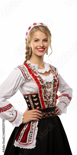 A smiling woman in folk costume on a white background