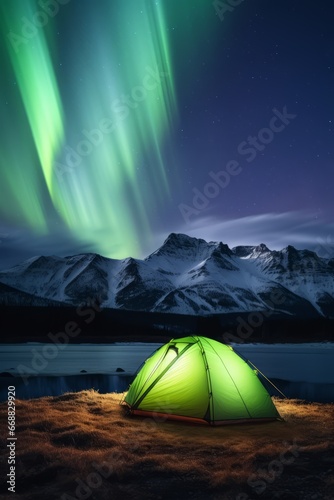 camping in wild northern mountains with an illuminated tent viewing a spectacular green northern lights aurora display. Photo composition.