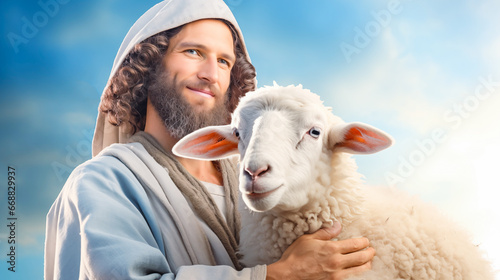 Jesus recovered lost sheep carrying it in his arms. Biblical story conceptual theme. photo