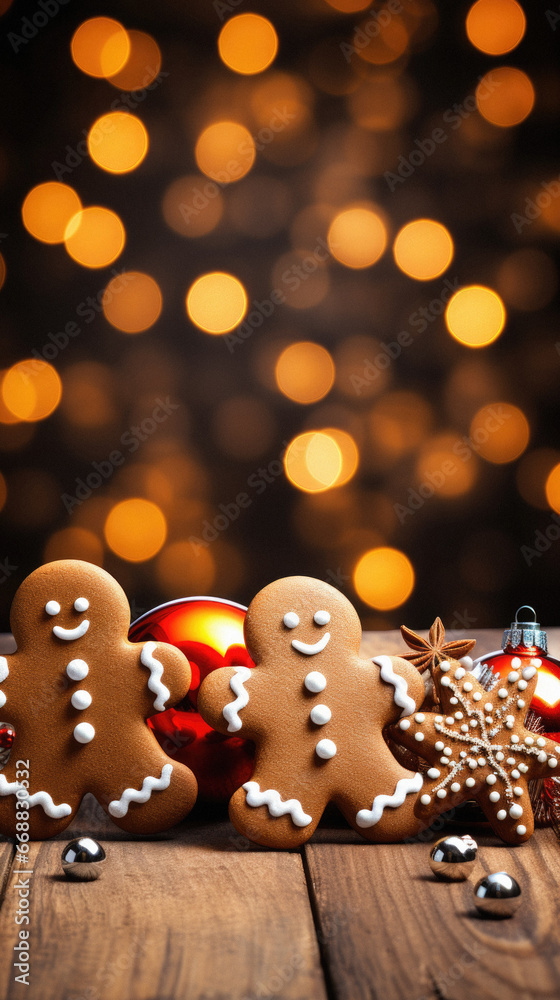 Christmas cookies and decorations on wooden background.