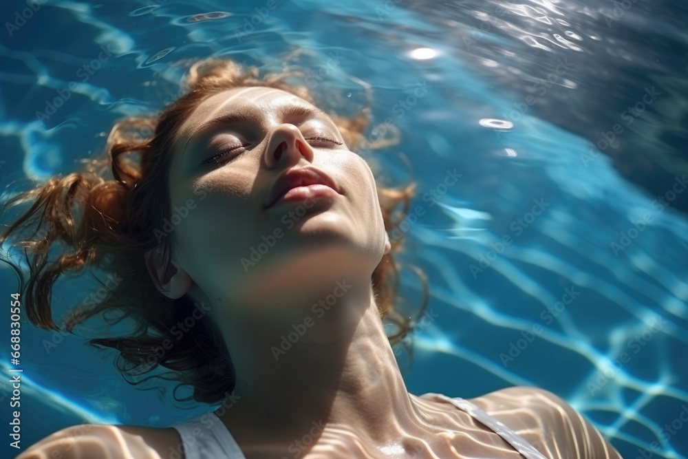 attractive young woman relaxing in swimming pool