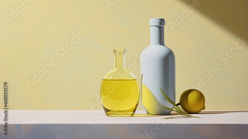  a painting of a bottle and a glass with olive oil.  generative ai