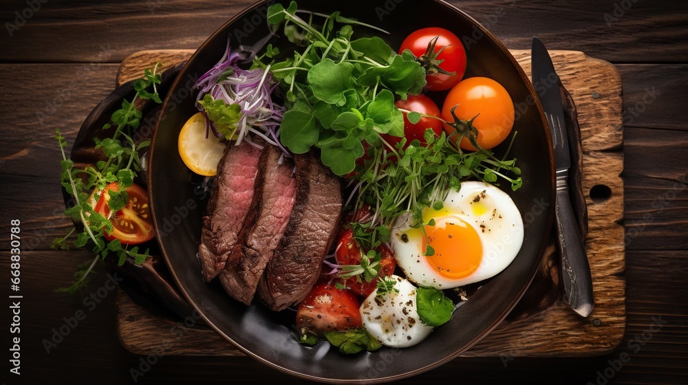 a plate of steak, eggs, tomatoes, lettuce and tomatoes. generative ai a plate of steak, eggs, tomatoes, lettuce and tomatoes. generative ai