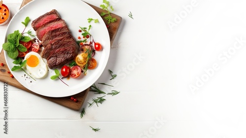  a steak and eggs on a plate on a cutting board. generative ai