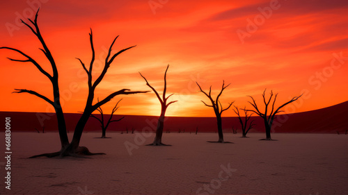Dead trees at sunset