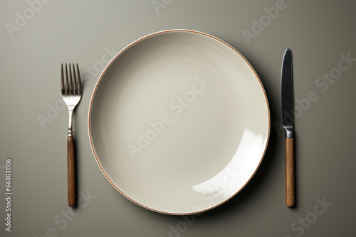Empty plate with knife and fork on a served table