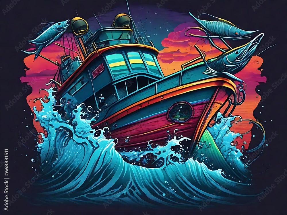 Naklejka premium T-shirt Design that embodies the excitement of Fishing boat on the open ocean Generated by Ai