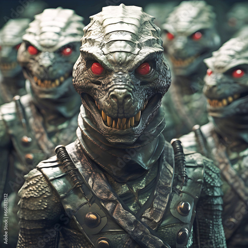 reptilian alien army. AI generated. photo