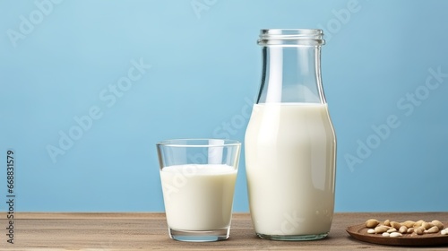 Milk in a bottle and glass on a wooden table against a blue background