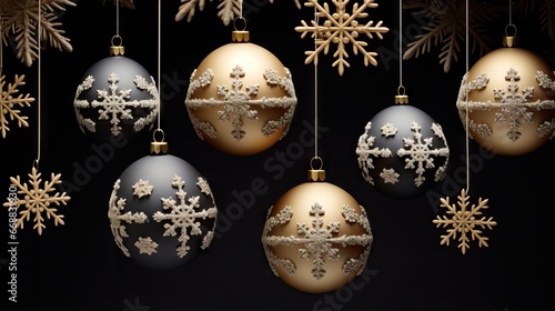  a group of christmas ornaments hanging from a black background with snowflakes.  generative ai