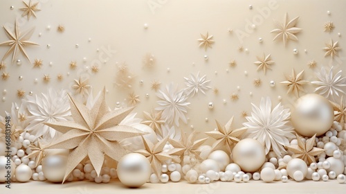  a white and gold christmas background with stars and balls and snowflakes. generative ai