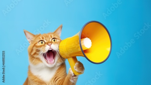 Funny cat with megaphone on color background. Loudspeaker