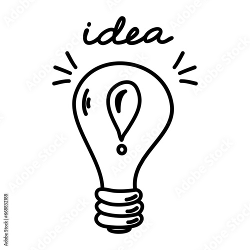 Vector light bulb icon with concept of idea. Doodle hand drawn sign. Illustration for print, web