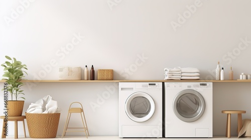 Interior of modern laundry room with washing machine and accessories. 3d rendering © Sariyono