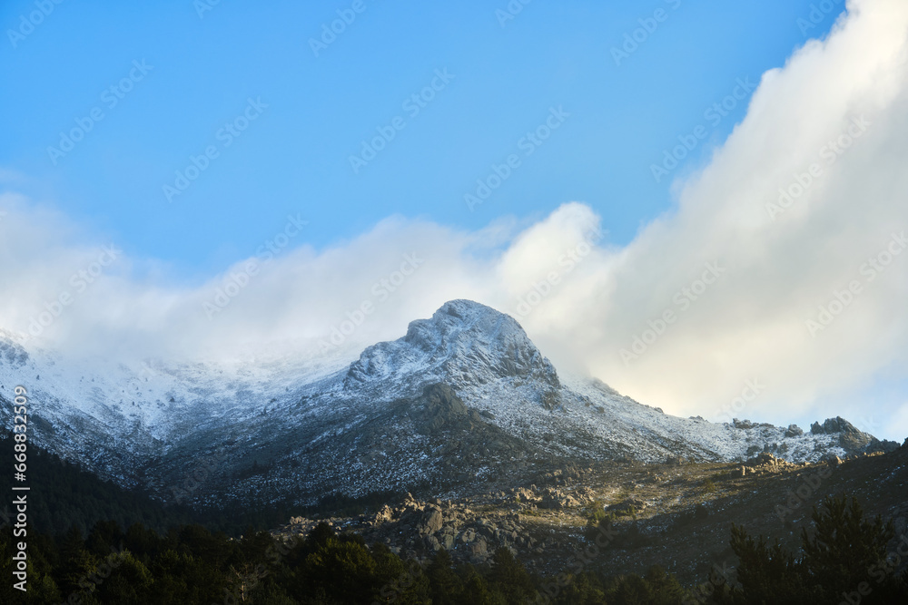 Mountain with the first snow at the beginning of winter.