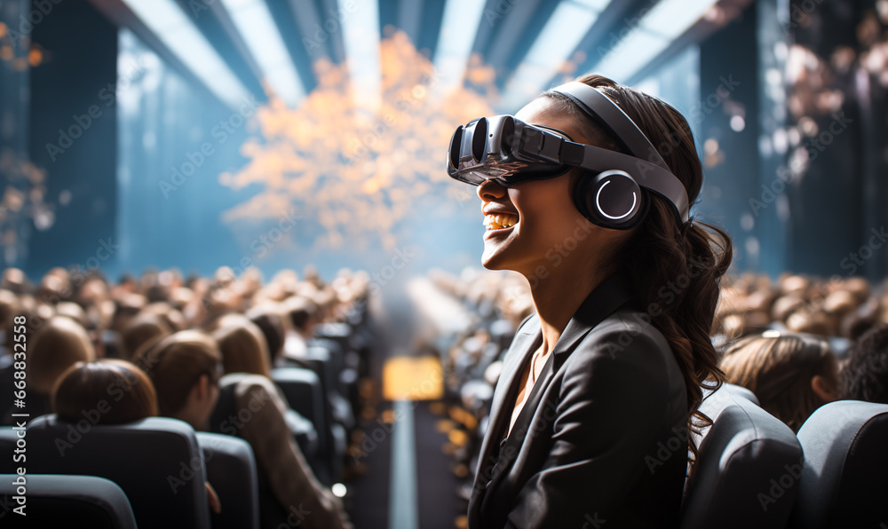 Future of Remote Work: Woman at a Virtual Reality Business Conference Future of Remote Work: Woman at a Virtual Reality Business Conference