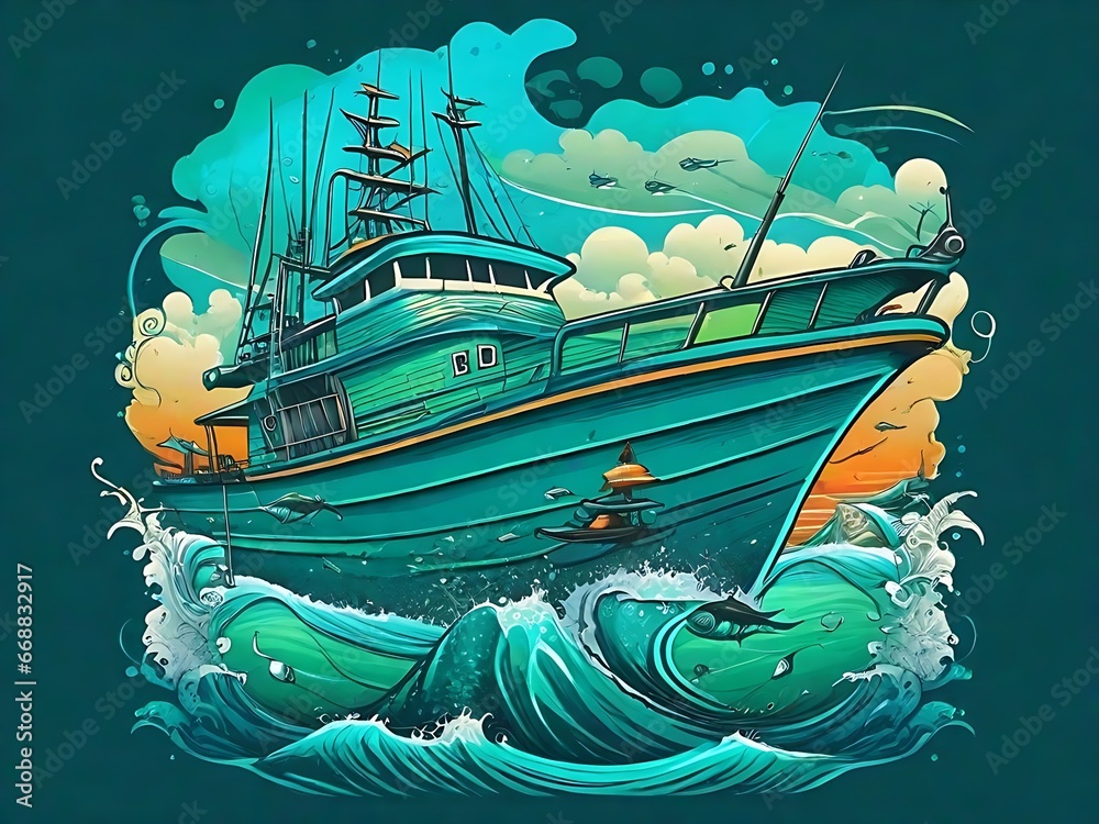 Naklejka premium T-shirt Design that embodies the excitement of Fishing boat on the open ocean Generated by Ai