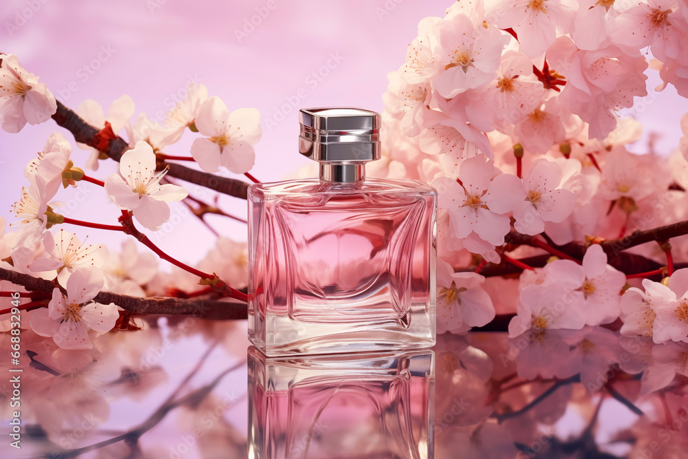 Perfume bottle and sakura, cherry blossoms, spring Perfume bottle and sakura, cherry blossoms, spring