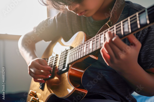 Child playing electric guitar at home photo