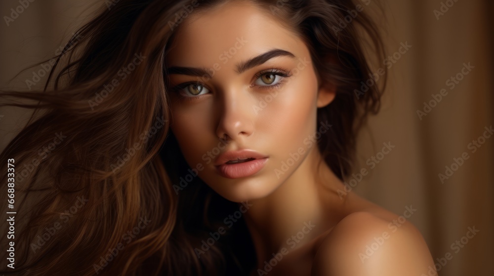 Beautiful Young Woman Portrait with Perfect Smooth Skin on Brown Background - Flawless Beauty in Focus Beautiful Young Woman Portrait with Perfect Smooth Skin on Brown Background - Flawless Beauty in Focus