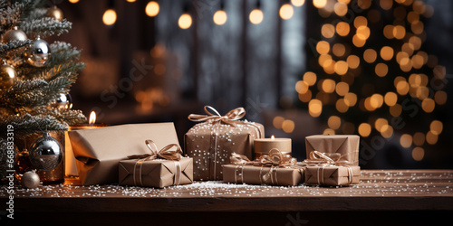 An empty wooden table in the foreground  a Christmas tree and gifts as background