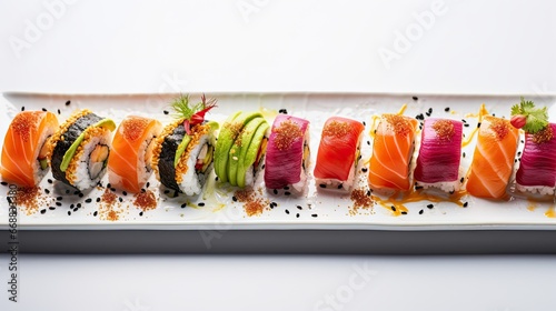  a white plate topped with sushi covered in sauces.  generative ai