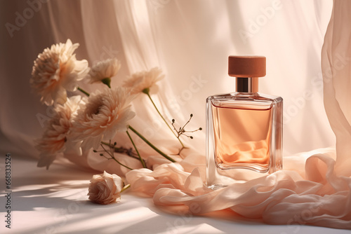Perfume bottle on a beige warm background transparent silk and light flowers