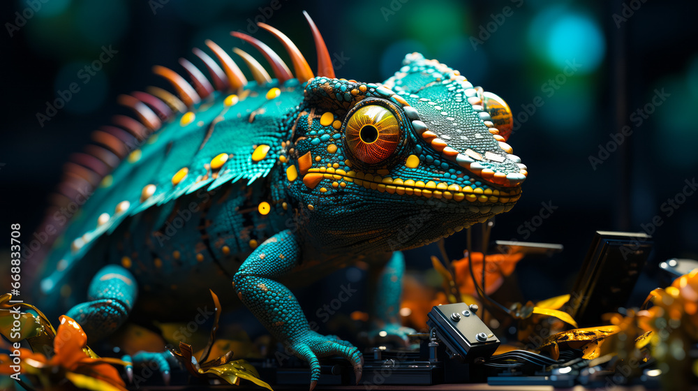 3D Render of Digital Chameleon Adapting to Tech Backgrounds: Symbol of Digital Transformation 3D Render of Digital Chameleon Adapting to Tech Backgrounds: Symbol of Digital Transformation