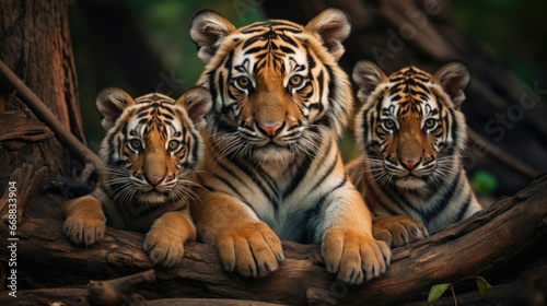 Family of tigers in the wild