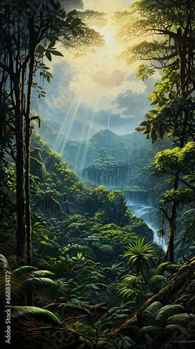 illustration of a moody jungle scenery with sun rays