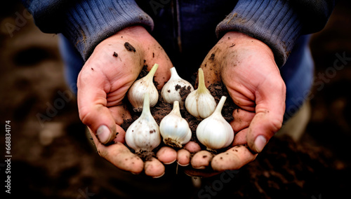 A farmer holds a harvest of garlic in his hands. Selective focus. nature. AI generated