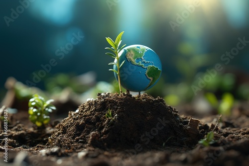 Earth Day concept. Globe with green plant in soil. Save the planet, AI Generated