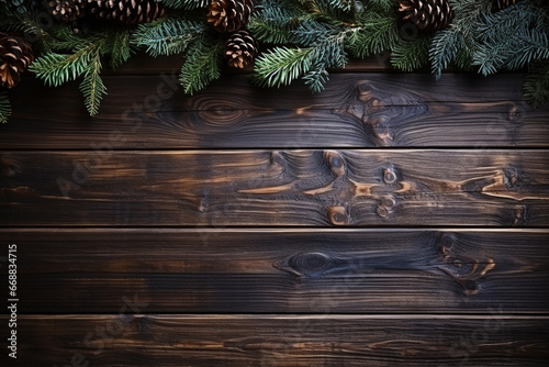 Christmas background with border from pine branches and decorations on dark wooden table