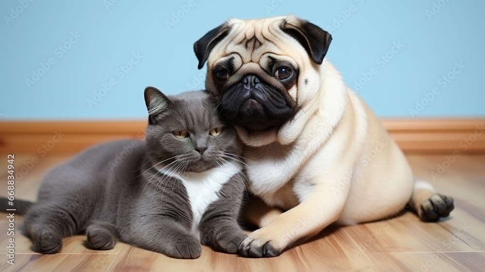 Cute pug dog and cat sitting together on the floor at home