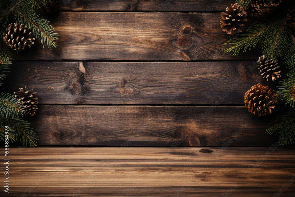 Christmas background with border from pine branches and decorations on dark wooden table - obrazy, fototapety, plakaty 