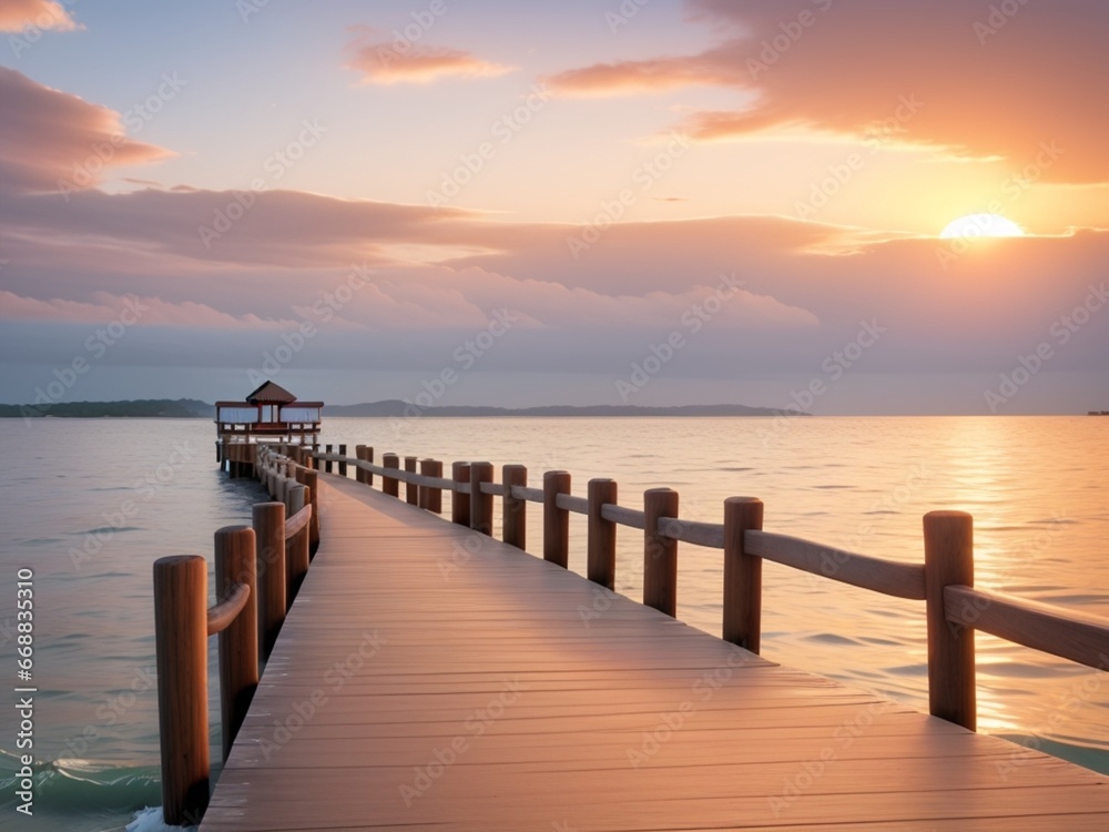 Obraz premium Wooden jetty on the sea at sunset. Nature background.