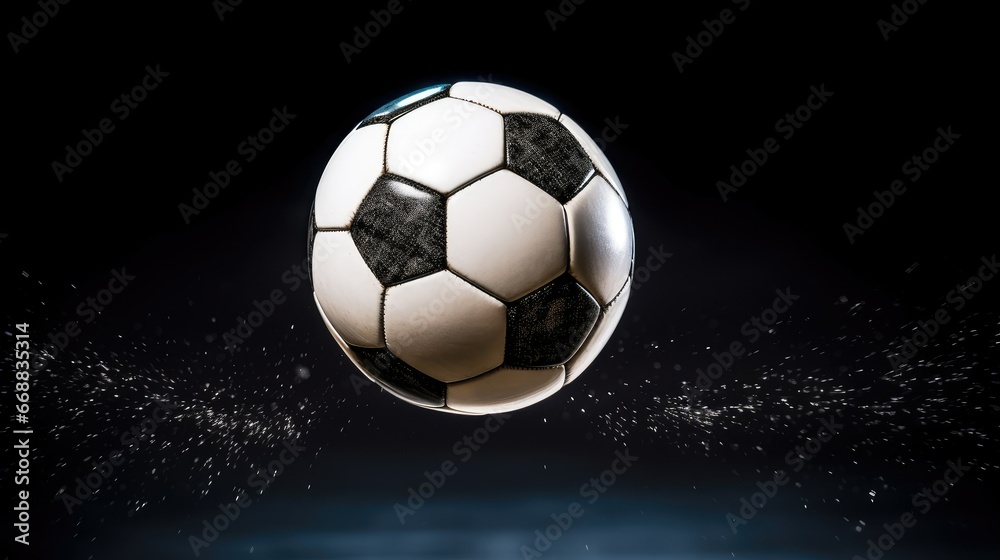 Naklejka premium Vibrant, hyper-realistic image capturing the intense action of a soccer ball in mid-flight. Sharp focus and detailed texture showcase the precision and energy of the sport.