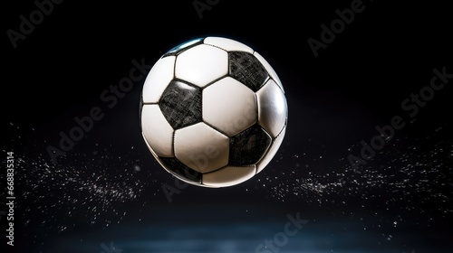 Vibrant  hyper-realistic image capturing the intense action of a soccer ball in mid-flight. Sharp focus and detailed texture showcase the precision and energy of the sport.