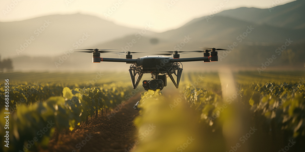 Drone flying over field agriculture - obrazy, fototapety, plakaty 
