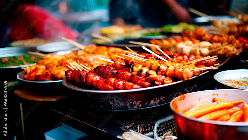 Fried food with sticks, Thai style food, Thailand street food. AI generated - obrazy, fototapety, plakaty 