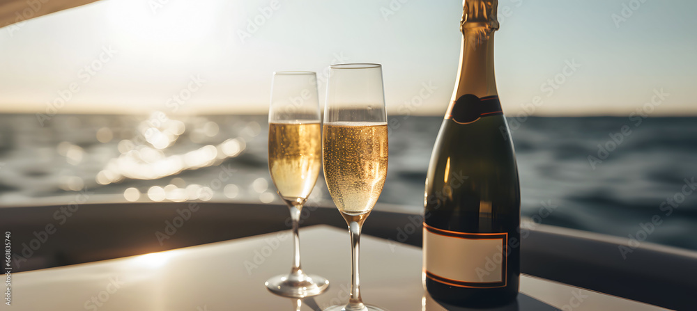 2 glasses of champagne together a bottle on a yacht with a beautiful sunset of the sea - obrazy, fototapety, plakaty 