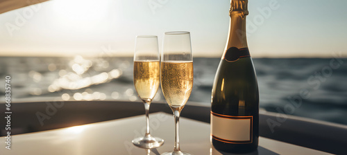 2 glasses of champagne together a bottle on a yacht with a beautiful sunset of the sea