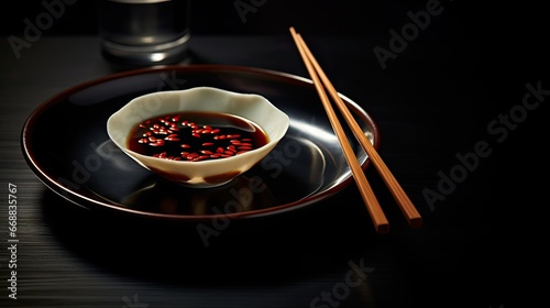  a black plate topped with a bowl of soup and chopsticks next to a glass of water and a bottle of water on the side of a black table.  generative ai
