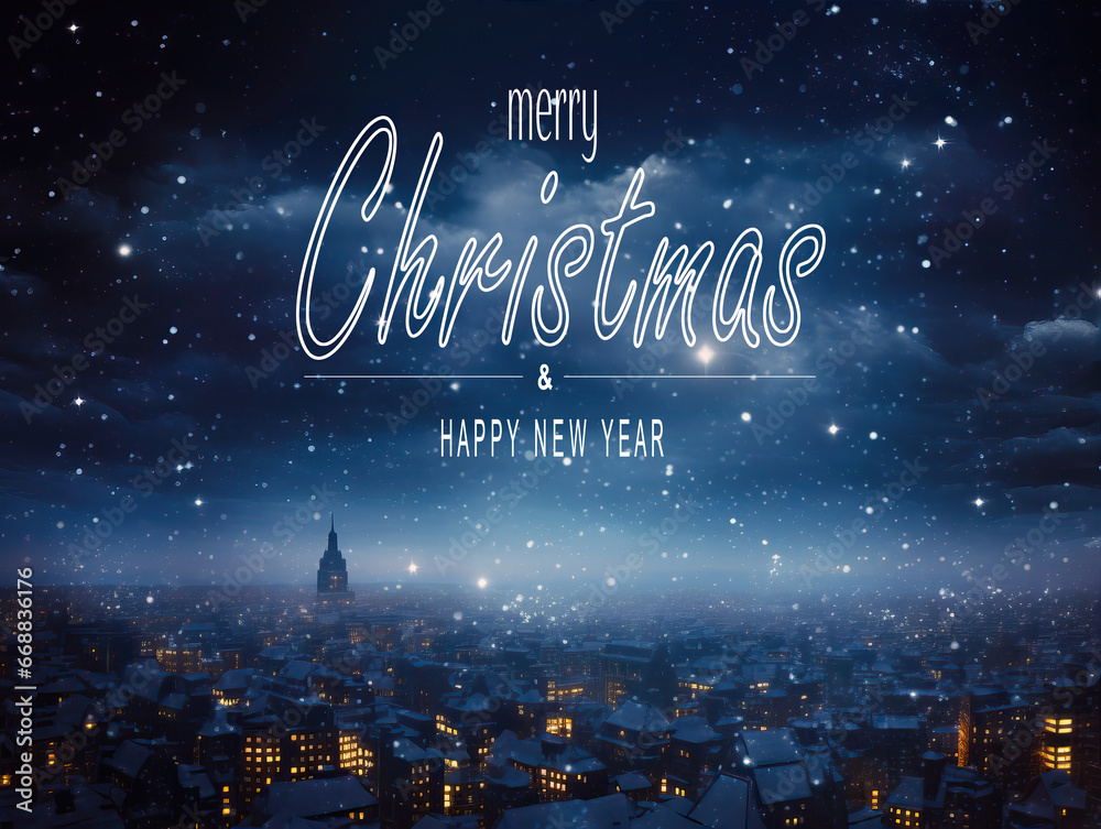 Merry Christmas and new year greeting card. Beautiful Winter scene of city at night. Christmas text Calligraphic Merry Christmas and new year greeting card. Beautiful Winter scene of city at night. Christmas text Calligraphic
