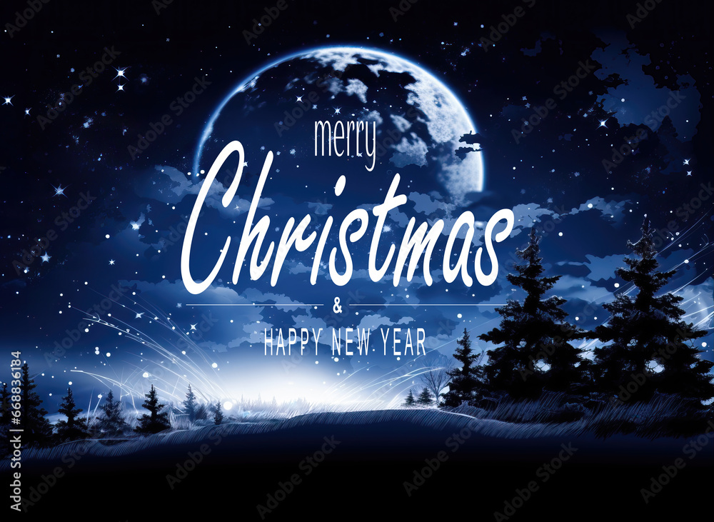 Merry Christmas and new year greeting card. Beautiful Winter scene of a snowy landscape at night. Christmas text Calligraphic Merry Christmas and new year greeting card. Beautiful Winter scene of a snowy landscape at night. Christmas text Calligraphic
