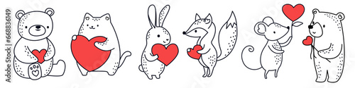 Valentine's Day Vector Set. Cute animals in doodle style holding hearts, bear, mouse, fox, cat, hare. Linear black and white children's illustration . Vector illustration